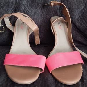JustFab Heeled Sandals In Tan and Bright Coral Size 10